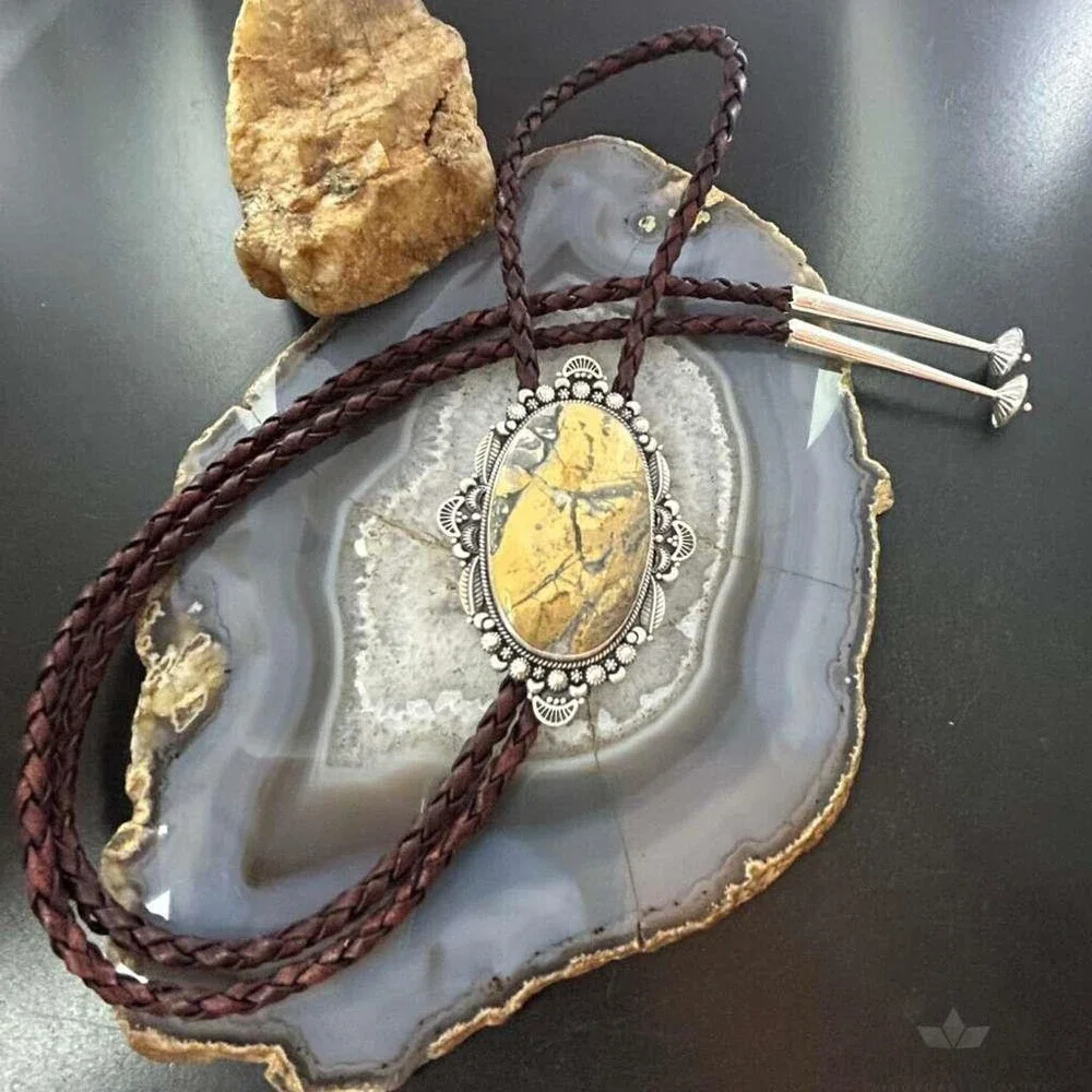 Sterling Southwestern Style Large Oval Picture Jasper Decorated Bolo Tie For Men